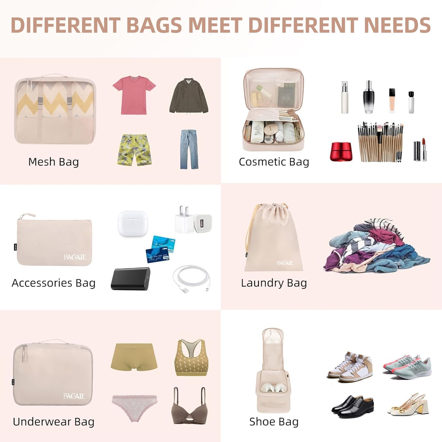 BAGAIL 8 Set Packing Cubes separate segments layout