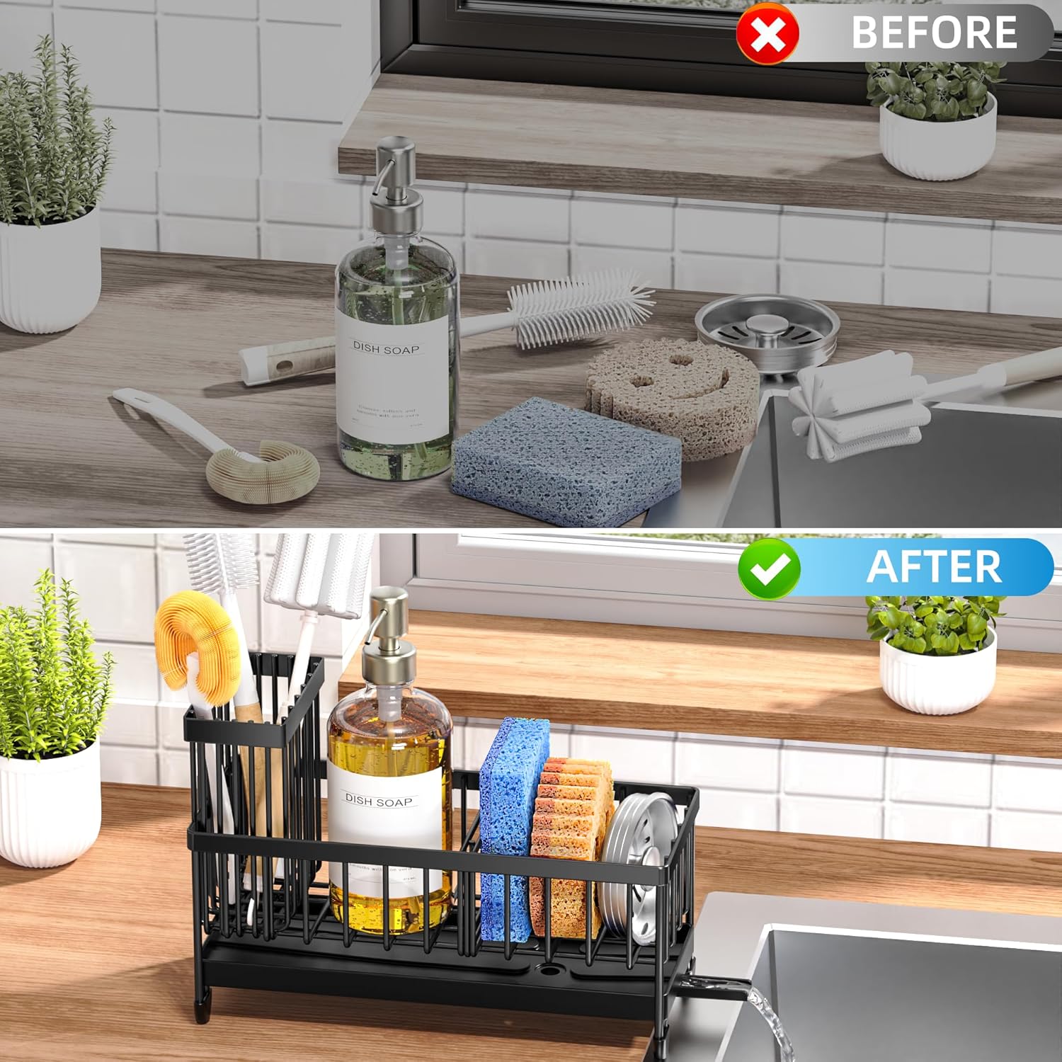 Before and after countertop view utilizing the Cisily caddy