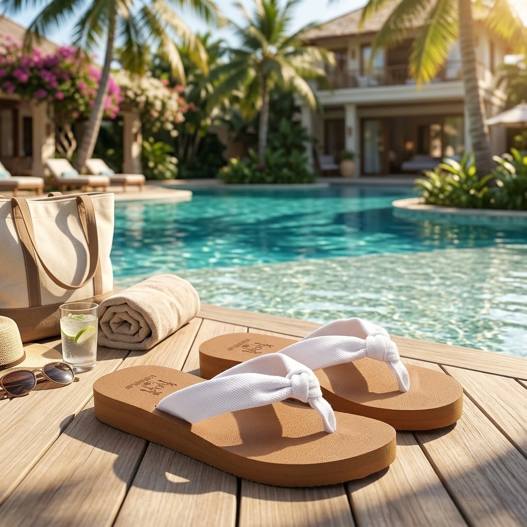 KuaiLu Flip Flops for Women on resort pool deck