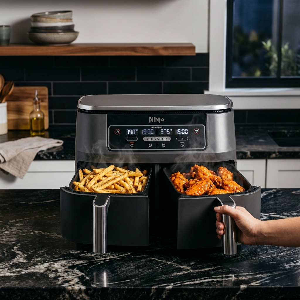Ninja DZ201 Foodi 8 Quart 6-in-1 DualZone 2-Basket Air Fryer background