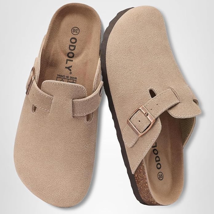 ODOLY Genuine Suede Clogs Cork Footbed Material Close Up